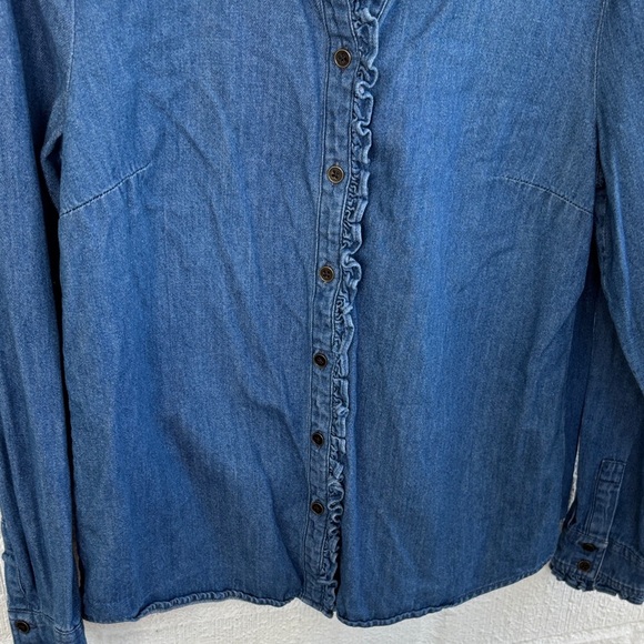 Boden Frill Ruffle Indigo Denim Cotton Button Down Blouse sz 8 - Picture 7 of 9